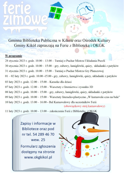 Ferie w Bibliotece i Ośrodku Kultury Gminy Kikół - plakat