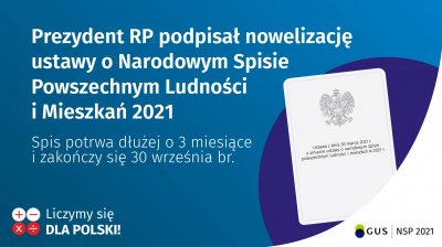 Prezydent Andrzej Duda podpisał  1 kwietnia 2021 r. ustawę z dnia 30 marca 2021 r. o zmianie ustawy o narodowym spisie powszechnym ludności i mieszkań 2021.