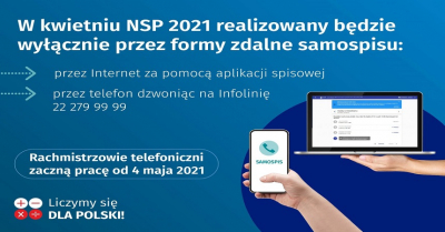 Przypominamy, że internetowo można się spisać również w urzędach gmin i wojewódzkich urzędach statystycznych na specjalnie przygotowanych w tym celu stanowiskach komputerowych przy zachowaniu reżimu sanitarnego. Spisać można się również na infolinii spisowej obsługiwanej przez pracowników statystyki publicznej pod numerem – 22 279 99 99.