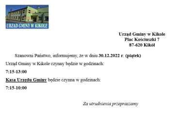 Informacja godziny pracy Urzędu Gminy w Kikole