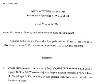 Postanowienie Komisarza Wyborczego we Włocławku - zwołanie pierwszej sesji