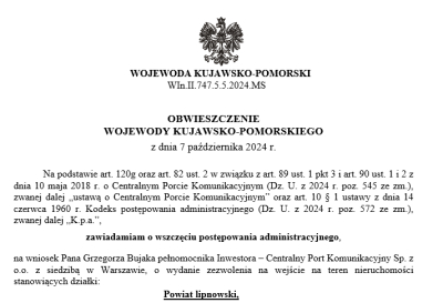 OBWIESZCZENIE WOJEWODY KUJAWSKO-POMORSKIEGO  - wydanie zezwolenia na wejście na teren nieruchomości stanowiących działki