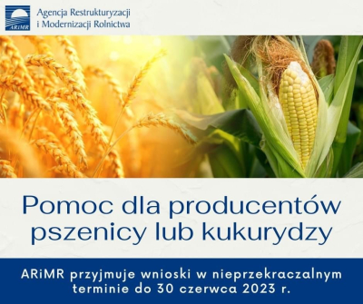 Agencja Restrukturyzacji i Modernizacji Rolnictwa rozpoczęła nabór wniosków o pomoc finansową dla producentów pszenicy lub kukurydzy, którzy ponieśli straty spowodowane agresją Federacji Rosyjskiej na Ukrainę.