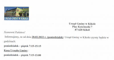 Informacja godziny pracy Urzędu Gminy w Kikole