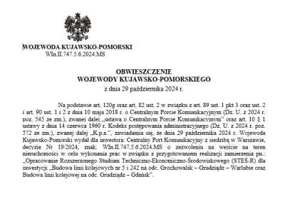 OBWIESZCZENIE WOJEWODY KUJAWSKO-POMORSKIEGO  z dnia 29 października 2024 r.