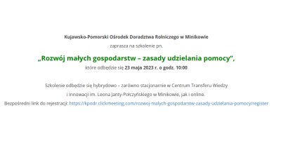 Zaproszenie na szkolenie pn. &quot;Rozwój małych gospodarstw - zasady udzielania pomocy&quot; w dn. 23.05.2023 r.